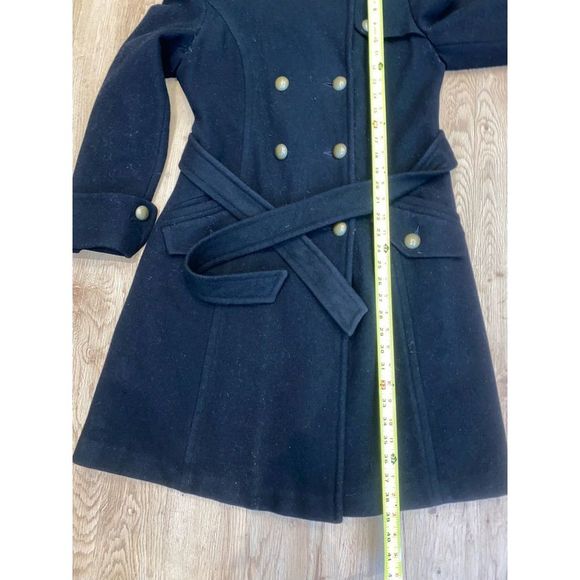 Trilogi Black Wool Blend Womens Belted Mid Length Coat Jacket Button Closure 10 - Picture 4 of 9